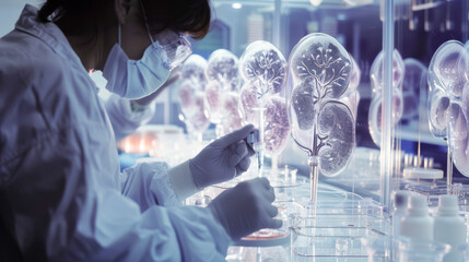 Researchers analysing anatomical kidney model in scientific laboratory setting