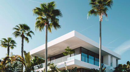 Fototapeta na wymiar A minimalist modern house with a flat roof and sleek white facade, nestled among tall palm trees swaying gently in the tropical breeze.