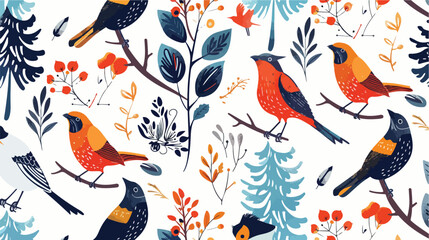 Fototapeta na wymiar Seamless pattern with wild forest birds on white background