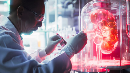 Researcher studying renal health using human kidney model in scientific lab