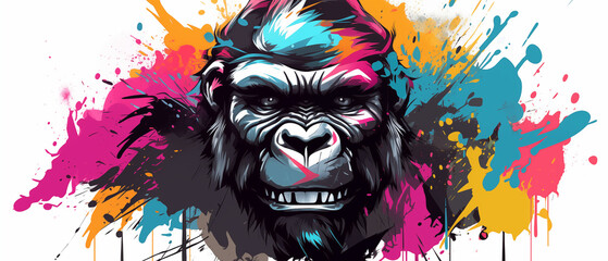Dynamic Gorilla Head Illustration with Paint Splashes