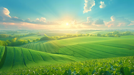 Aerial view of verdant farmland, precise rows of crops, dawn light casting long shadows - (3) - Powered by Adobe