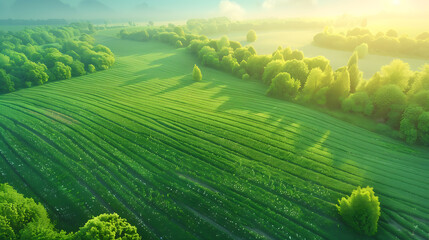 Aerial view of verdant farmland, precise rows of crops, dawn light casting long shadows - - obrazy, fototapety, plakaty