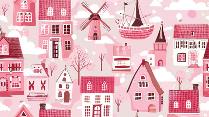 Seamless pink pattern with cute traditional dutch house