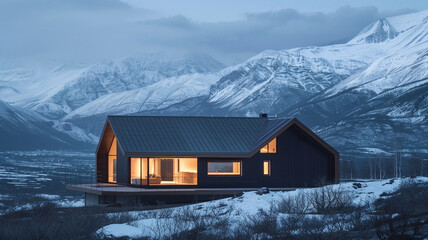 A minimalist modern residence with a black facade and angular roofline, set against a backdrop of snow-capped mountains glowing in the evening light.