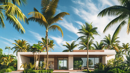 Fototapeta na wymiar A minimalist modern residence with a flat roof and sleek white facade, nestled among tall palm trees swaying gently in the tropical breeze.
