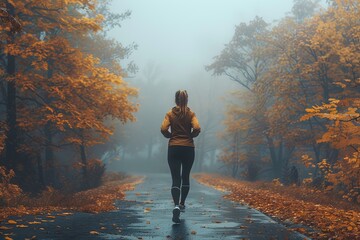 An athletic woman is running solo on a picturesque road surrounded by vivid autumn foliage and misty surroundings