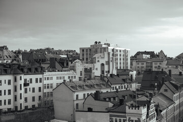 Scenic view over a city in black and white