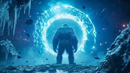 Mythical yeti standing on a mountain top looking into a wormhole portal art
