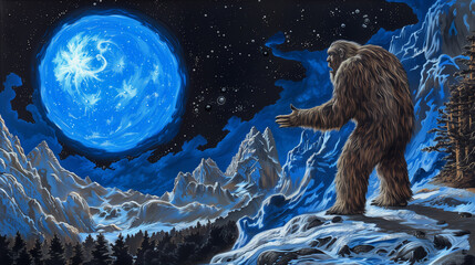 Mythical bigfoot standing on a mountain top art with a full moon