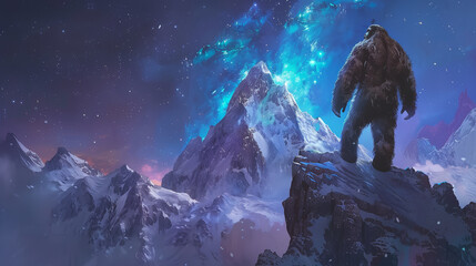 Mythical yeti standing on a mountain top art