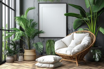 mockup design blank photo frame hanging on wall at cozy living room, boho style interior room with sunlight, light and shadow play, Generative Ai