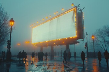 The blank classic billboard in a city at day and night with wet streets from the rain with a reflection scene.