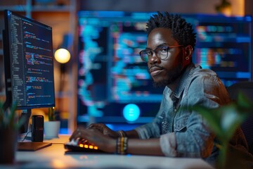 Obraz premium A focused male programmer codes late in the office, multiple screens display colorful code in a dimly lit workspace