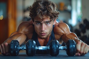 A bodybuilder with concentrated effort does arm workouts with dumbbells, accentuating his sculpted muscles and dedication - Powered by Adobe