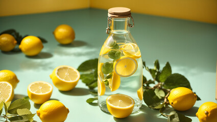 A mostly full clear glass bottle containing water and lemon slices on a blue table - obrazy, fototapety, plakaty