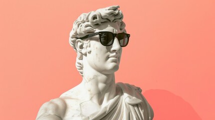 Sculpture of a beauty goddess with fashionable sunglasses on a orange background.