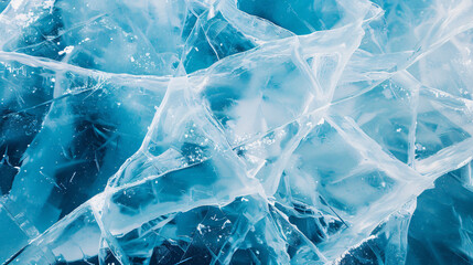 Transparent cracked blue ice on Baikal lake in winter.