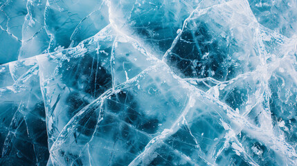 Transparent cracked blue ice on Baikal lake in winter.