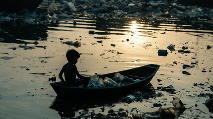 Obraz premium silhouettes a child who sits in a boat and catches garbage from the river. A boat floats in the middle of a river made of garbage