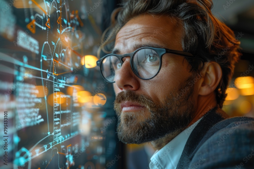 Poster a man appears to analyze and manipulate a sophisticated holographic projection of digital interfaces