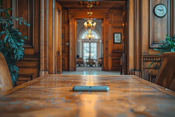 Obraz premium An exquisite wooden conference room, pen perfectly placed on table, symbolizing professionalism