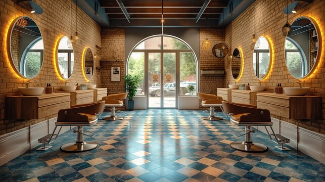 scenery of vintage retro barber shop interior, stylish chair and mirror,  Generative Ai