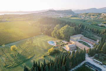Villa Cordevigo among green trees and vineyards with mountains and lake Garda in the background....