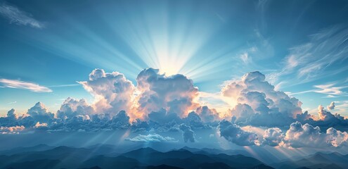 Sun Shining Through Clouds Above Mountains - Powered by Adobe