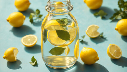 A mostly full clear glass bottle containing water and lemon slices on a blue table