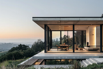 A modern house with a flat roof and floor-to-ceiling windows overlooking a scenic landscape.