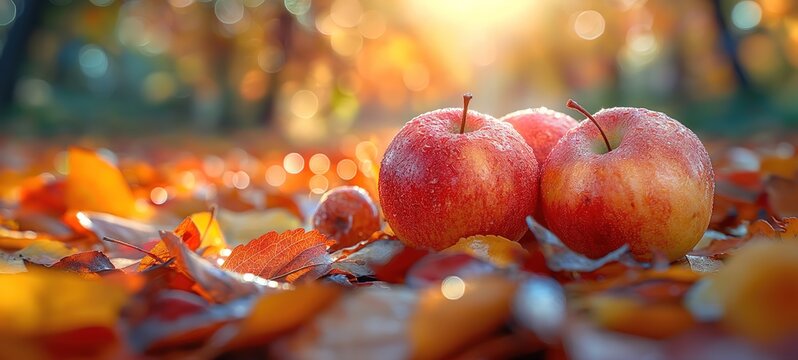 three red ripe apple on road which covered with brown fallen leaves, Autumn season beautiful nature, Generative Ai