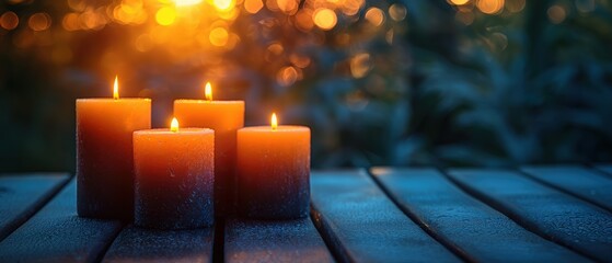  candle lights on wooden floor at outdoor garden, Generative Ai