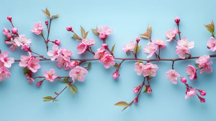 Elegant pink cherry blossom branches arranged over a serene pastel blue background.