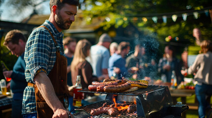 A lively outdoor barbecue party with a festive atmosphere, as guests grill up juicy burgers and hot dogs while enjoying ice-cold beers and laughter.