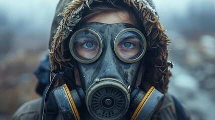 A portrait of a young woman wearing a gas mask in a post-apocalyptic setting