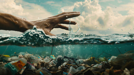 The fingers lift the water over the edge, and underneath it is depicted garbage and plastic. Environmental pollution - Powered by Adobe