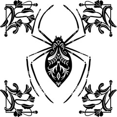 Symmetrical black and white tattoo-style illustration featuring a spider and flowers, exuding a bohemian vibe with intricate ornamental details