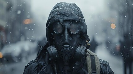 A man wearing a gas mask stands in the middle of a snowy street.