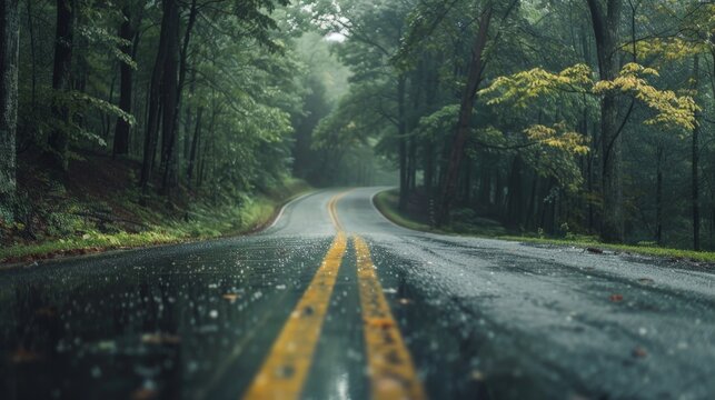 Wet road with trees and yellow line