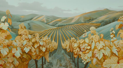 Local vineyard with rows of grapevines, winemaker testing grape quality, scenic hills - (2) - obrazy, fototapety, plakaty