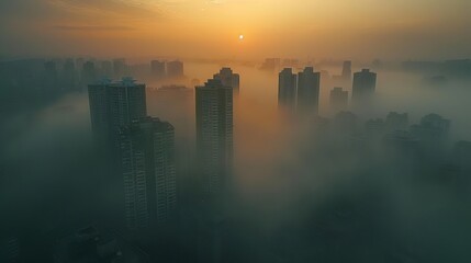 An aerial view of a foggy cityscape at sunrise.