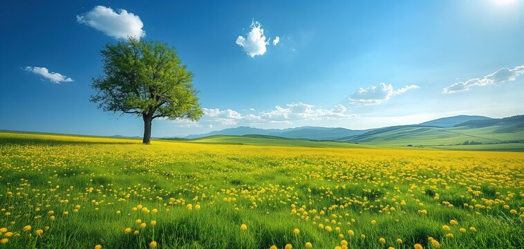 a lone tree on mustard yellow field with blue sky springtime background, beautiful nature peaceful place, Generative Ai