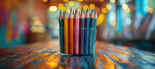 colorful color pencils on wooden table in school library, education and creativity concept,...