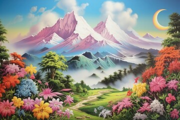 A flower mountain landscape art outdoors painting.