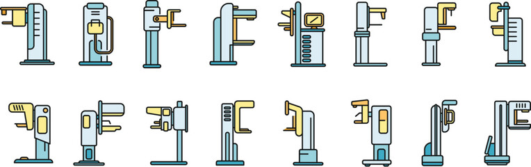 Mammography machine icons set outline vector. Analyzing breast. Cancer care thin line color flat on white