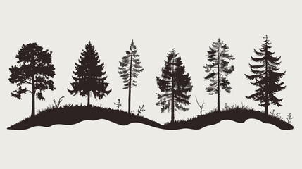 Set of Four evergreen forest landscapes with silhouette