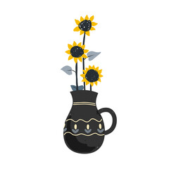 Yellow sunflowers in vintage black ceramic jug isolated on white background. Interior decoration. Vector floral illustration in cartoon Scandinavian style