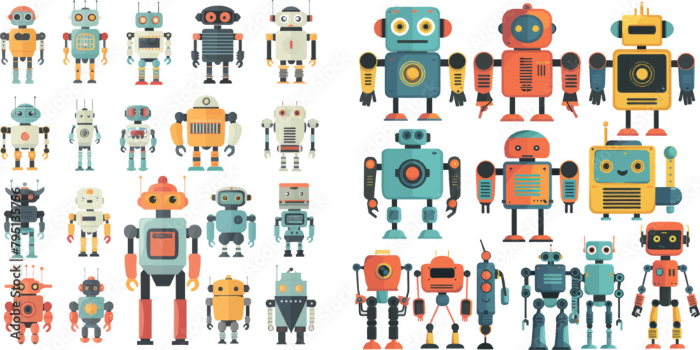 Poster retro robot set in flat style, vintage cute robots