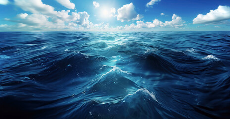 Sunlight piercing through deep blue ocean waves. Dynamic seascape with sparkling water and dramatic sky